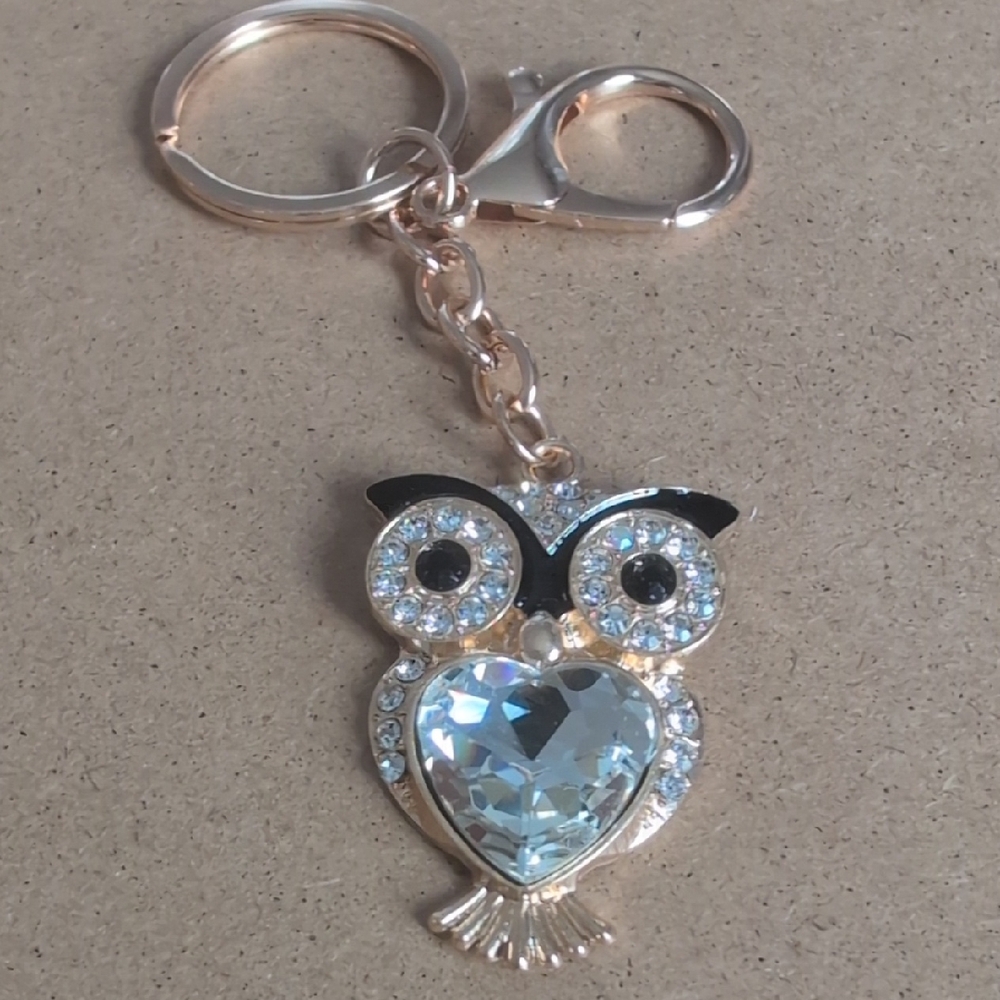 Owl Keychain Bag Charm - Gold Tone with Clear Stones